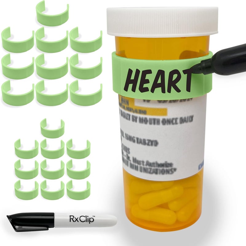 RxClip 20 Pack Medicine Bottle Label Clips for Easy Medication Identification - 20ct Multipack with Marker (Pistachio) - Image 1